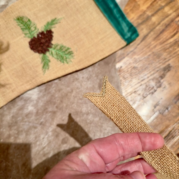 WISTERIA Jute & Green Velvet Embroidered Pinecone Christmas Stockings Set of 6 - Picture 10 of 17